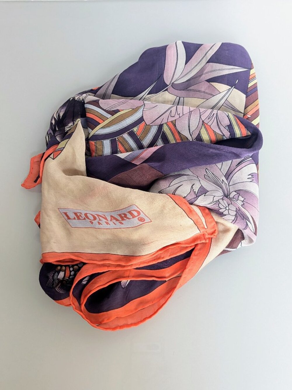 Vintage Leonard Paris Floral & Geometric 53 in Large Silk Square Scarf